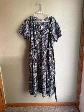 J. Crew Navy Floral Tie-Waist Midi Dress